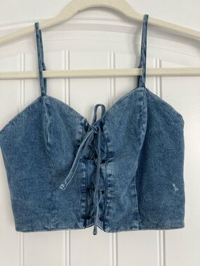 Washed Denim Lace-Up Crop Top w/ Adjustable Straps – Boho Festival Vibes